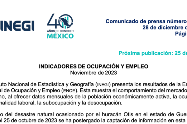 Presenta INEGI los Indicadores de Ocupación y Empleo de Noviembre 2023